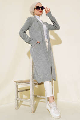 Üzüm Kol Bağcıklı Uzun Hırka Gri 
