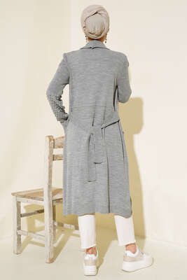 Üzüm Kol Bağcıklı Uzun Hırka Gri - Triko Hırka