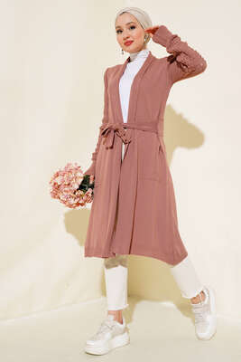 Üzüm Kol Bağcıklı Uzun Hırka Gül Kurusu - Triko Hırka