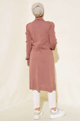 Üzüm Kol Bağcıklı Uzun Hırka Gül Kurusu - Triko Hırka