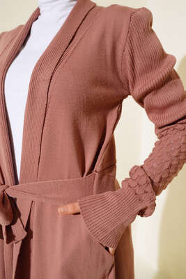 Üzüm Kol Bağcıklı Uzun Hırka Gül Kurusu - Triko Hırka