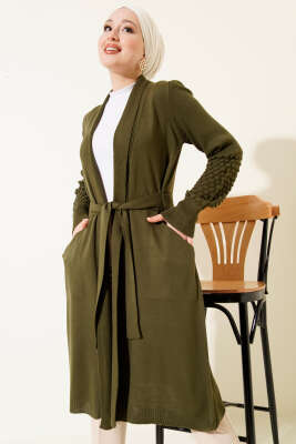 Üzüm Kol Bağcıklı Uzun Hırka Haki - RAFİMİX