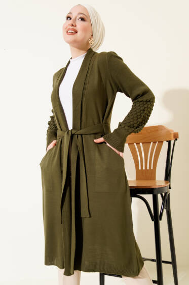 Üzüm Kol Bağcıklı Uzun Hırka Haki - Hırka