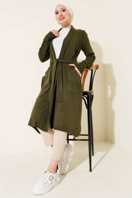 Üzüm Kol Bağcıklı Uzun Hırka Haki - Hırka