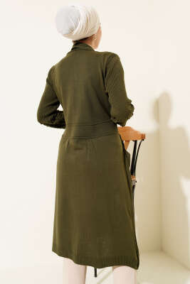 Üzüm Kol Bağcıklı Uzun Hırka Haki - Hırka