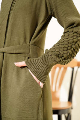 Üzüm Kol Bağcıklı Uzun Hırka Haki - Hırka