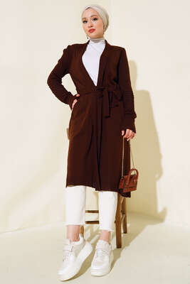 Üzüm Kol Bağcıklı Uzun Hırka Kahve - Triko Hırka