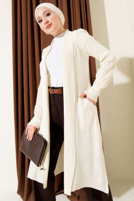 Üzüm Kol Bağcıklı Uzun Hırka Krem - RAFİMİX