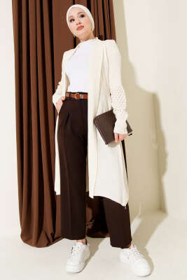 Üzüm Kol Bağcıklı Uzun Hırka Krem - Hırka