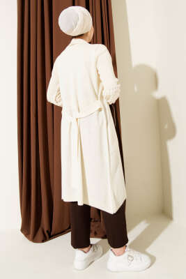 Üzüm Kol Bağcıklı Uzun Hırka Krem - Hırka