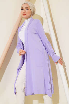 Üzüm Kol Bağcıklı Uzun Hırka Lila - Triko Hırka