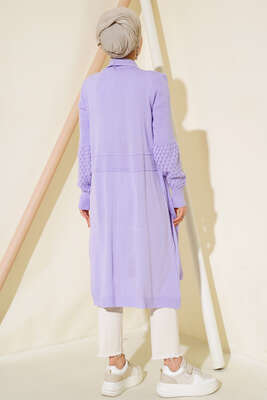 Üzüm Kol Bağcıklı Uzun Hırka Lila - Triko Hırka