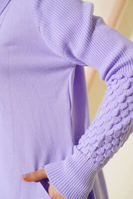 Üzüm Kol Bağcıklı Uzun Hırka Lila - Triko Hırka