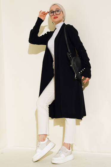 Üzüm Kol Bağcıklı Uzun Hırka Siyah - Hırka