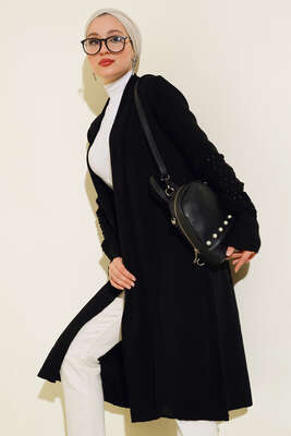 Üzüm Kol Bağcıklı Uzun Hırka Siyah - Triko Hırka