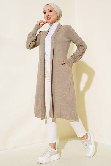 Üzüm Kol Bağcıklı Uzun Hırka Vizon - Hırka