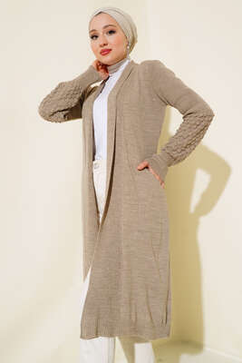 Üzüm Kol Bağcıklı Uzun Hırka Vizon - Triko Hırka