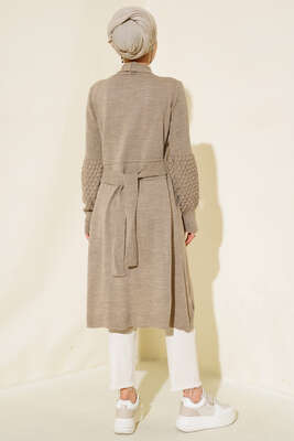 Üzüm Kol Bağcıklı Uzun Hırka Vizon - Triko Hırka