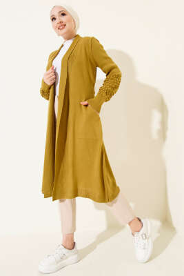 Üzüm Kol Bağcıklı Uzun Hırka Yağ Yeşili - Hırka