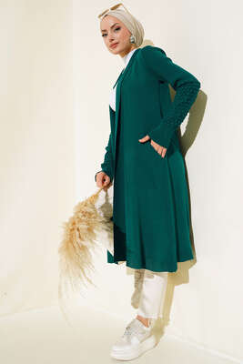 Üzüm Kol Bağcıklı Uzun Hırka Zümrüt 