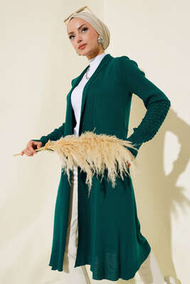 Üzüm Kol Bağcıklı Uzun Hırka Zümrüt - Triko Hırka