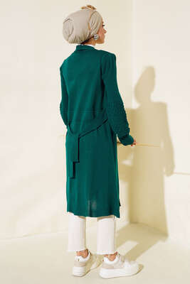 Üzüm Kol Bağcıklı Uzun Hırka Zümrüt - Triko Hırka