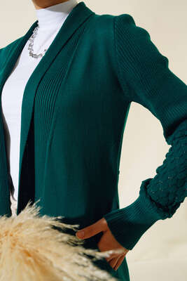 Üzüm Kol Bağcıklı Uzun Hırka Zümrüt - Triko Hırka