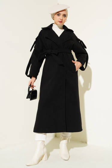 Uzun Apoletli Kaşe Kaban Siyah - Kaban