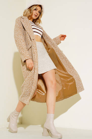 Uzun Buklet Kaban Latte - Kadın Giyim Modelleri