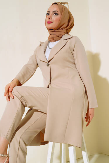 Uzun Ceket İkili Takım Bej - İkili Takım