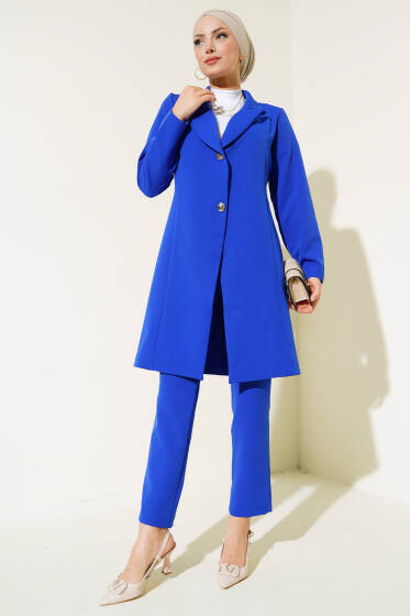 Uzun Ceket İkili Takım Saks - İkili Takım