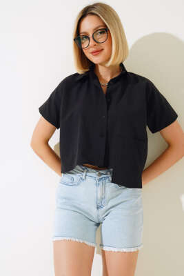 Uzun Cepli Kısa Gömlek Siyah - Kadın Giyim Modelleri