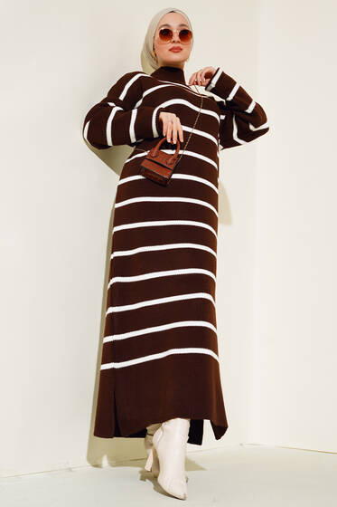 Uzun Çizgili Triko Elbise Kahve - Tesettür Elbise