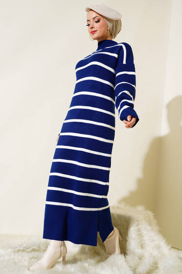 Uzun Çizgili Triko Elbise Lacivert - Tesettür Elbise