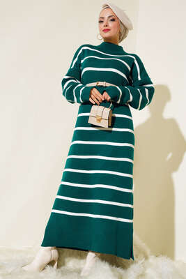 Uzun Çizgili Triko Elbise Zümrüt Yeşili - Thumbnail
