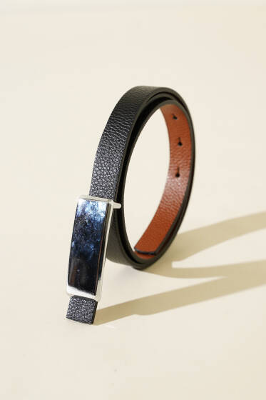 Uzun Dikdörtgen Tokalı Kemer Siyah Gümüş - Deri Kemer