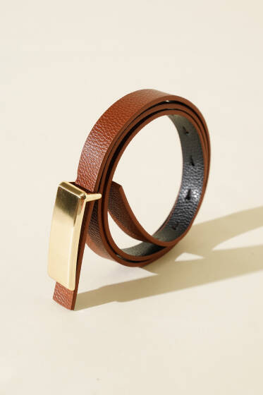 Uzun Dikdörtgen Tokalı Kemer Taba - Deri Kemer