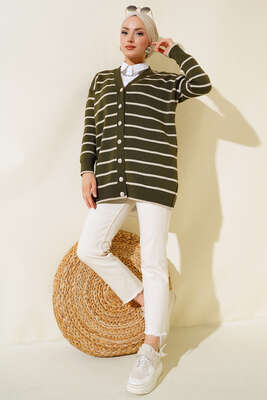 Uzun Düğmeli Çizgili Triko Hırka Haki 