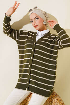 Uzun Düğmeli Çizgili Triko Hırka Haki - Triko Hırka