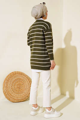 Uzun Düğmeli Çizgili Triko Hırka Haki - Triko Hırka