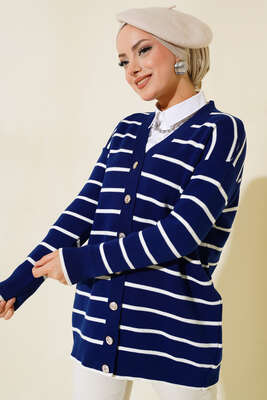 Uzun Düğmeli Çizgili Triko Hırka Lacivert 