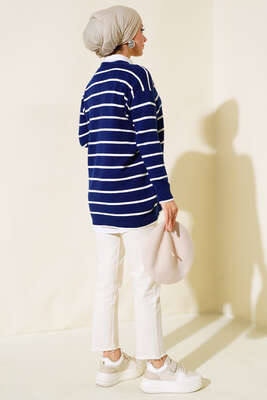 Uzun Düğmeli Çizgili Triko Hırka Lacivert - Triko Hırka