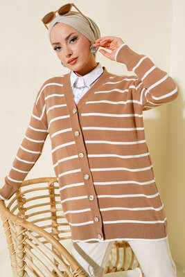 Uzun Düğmeli Çizgili Triko Hırka Latte 