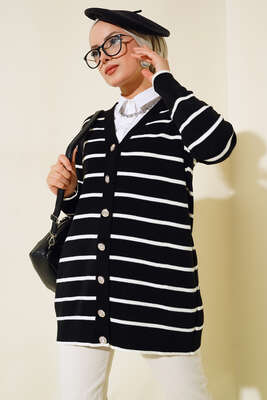 Uzun Düğmeli Çizgili Triko Hırka Siyah 