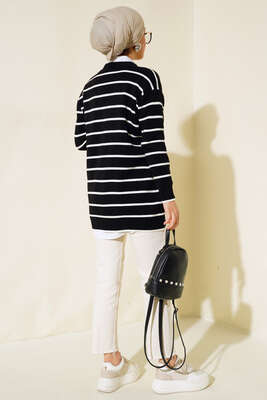 Uzun Düğmeli Çizgili Triko Hırka Siyah - Triko Hırka