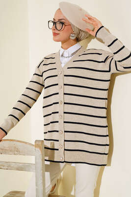 Uzun Düğmeli Çizgili Triko Hırka Taş 