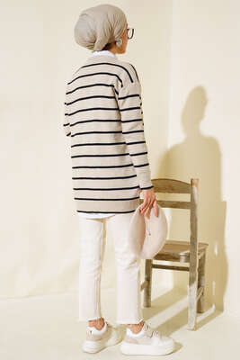 Uzun Düğmeli Çizgili Triko Hırka Taş - Triko Hırka