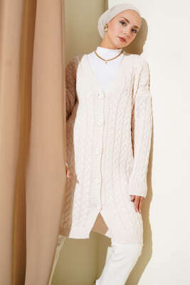 Uzun Düğmeli Örgü Triko Hırka Bej 