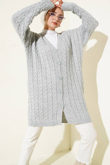 Uzun Düğmeli Örgü Triko Hırka Gri - Hırka