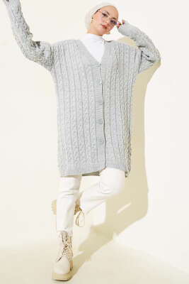 Uzun Düğmeli Örgü Triko Hırka Gri - Triko Hırka